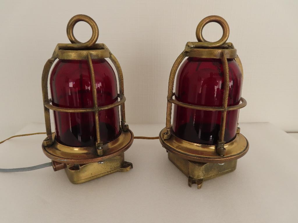 Scheepslampen (hang-) in koper - rood glas €35/stuk, Ophalen of Verzenden