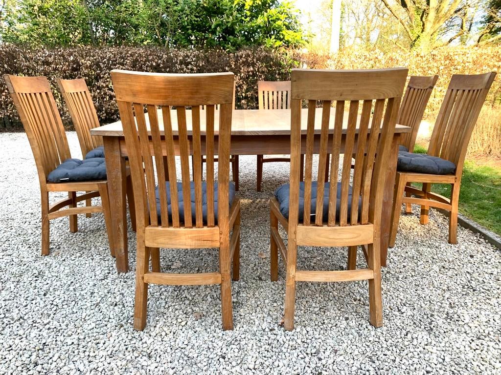 Grote teak Tuinmeubel set Tafel 160x160 + 8 stoelen+kussens, Ophalen, Zo goed als nieuw, Teakhout, Tuinset