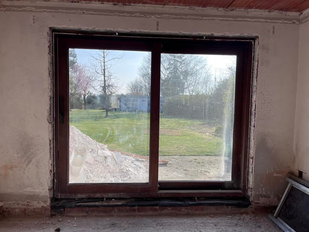 Meranti hefschuifraam dubbel glas 258x211 cm, Doe-het-zelf en Bouw, Raamkozijnen en Schuifdeuren, Ophalen, Gebruikt, 225 cm of meer