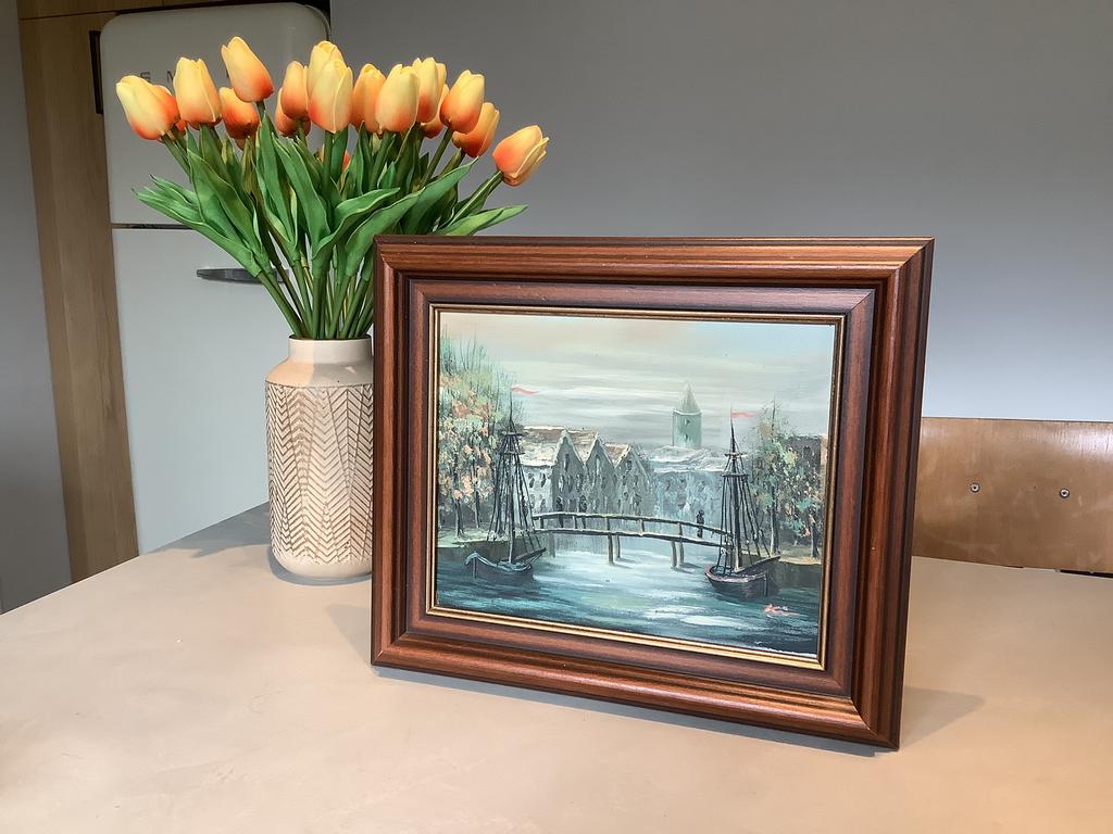 Peinture avec cadre en bois - 34 x 28 cm, Antiquités & Art, Enlèvement ou Envoi