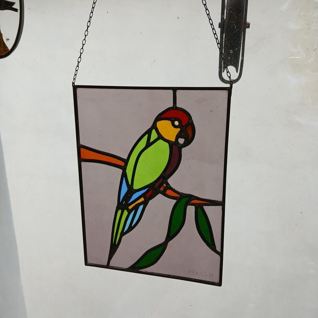 Vitrail décoratif – Perroquet coloré – signé BRANS.H, Enlèvement ou Envoi