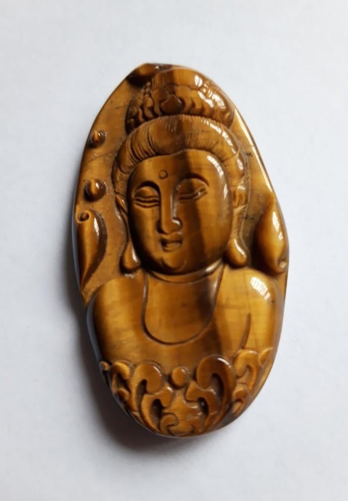 Japan handgesneden Tijgeroog (halfedelsteen) Boeddha buste, Antiek en Kunst, Verzenden