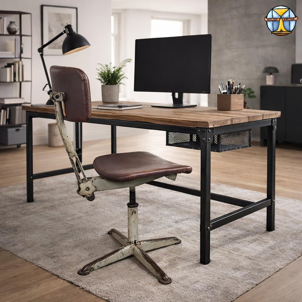 Chaise de bureau industrielle réglable vintage en skaï/métal, Maison & Meubles, Enlèvement ou Envoi, Utilisé, Brun, Chaise de bureau