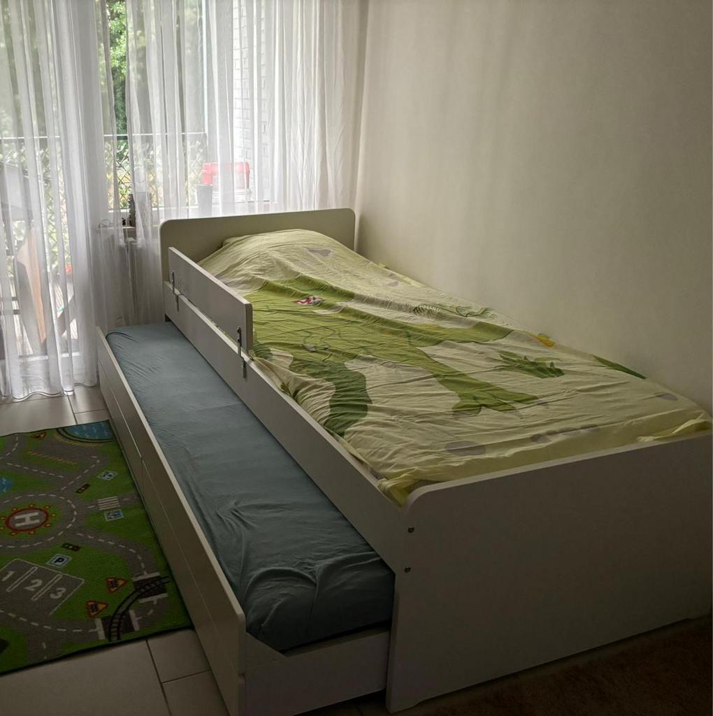 SLÄKT Bedframe met onderbed en opberger, wit, 90x200 cm, Huis en Inrichting, Slaapkamer | Bedden, Ophalen, Zo goed als nieuw, Wit