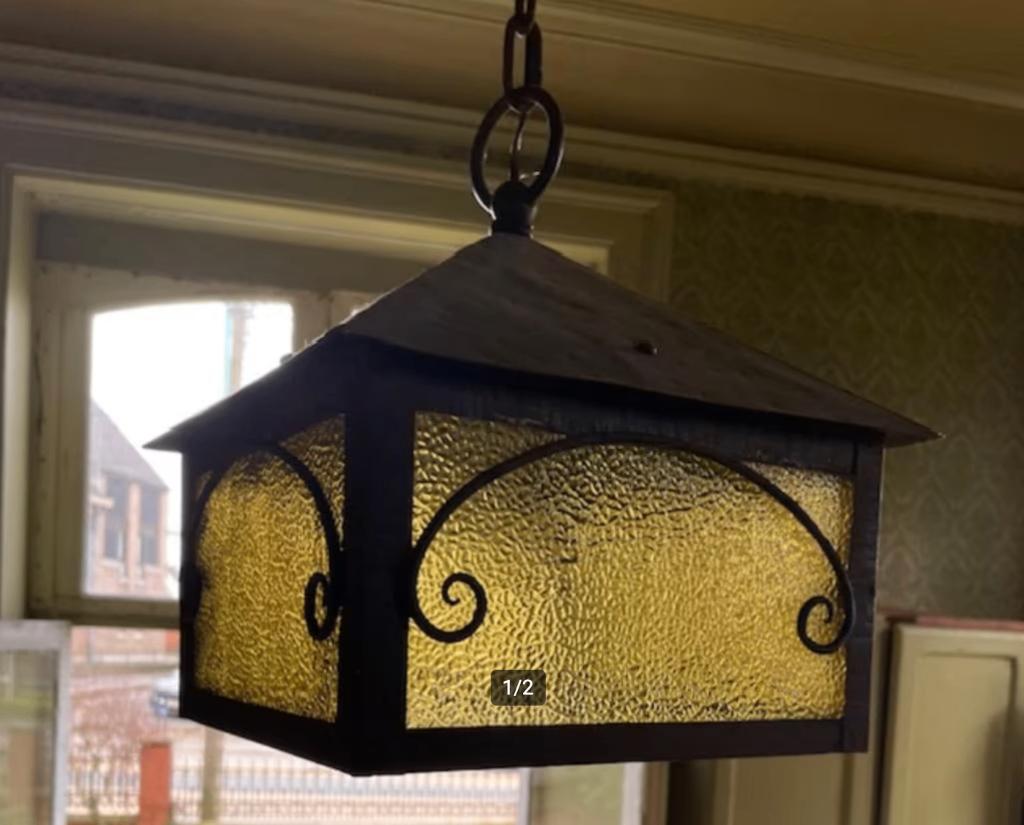 Japanse lantaarn ijzer bubbelglas oker kleur  1930, Antiek en Kunst, Ophalen