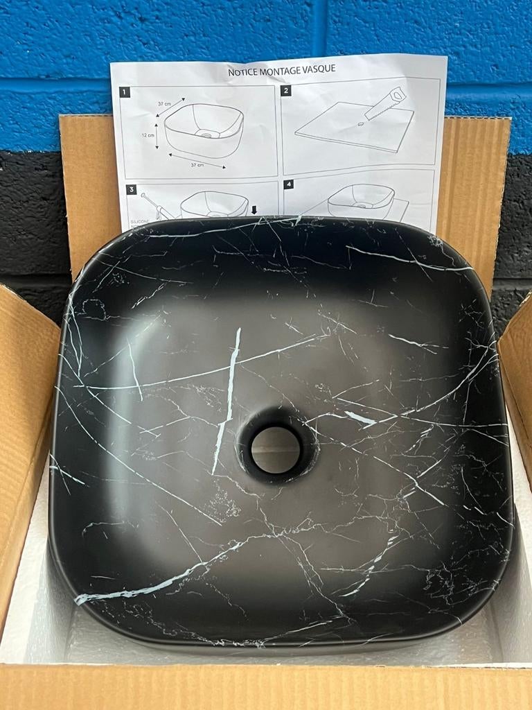 Vasque à poser carrée Lou – Céramique imitation marbre noir, Bricolage & Construction, Enlèvement