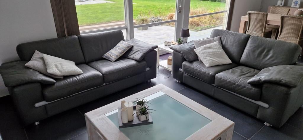 Canapés 3+2 places cuir pleine fleur gris anthracite, Cuir