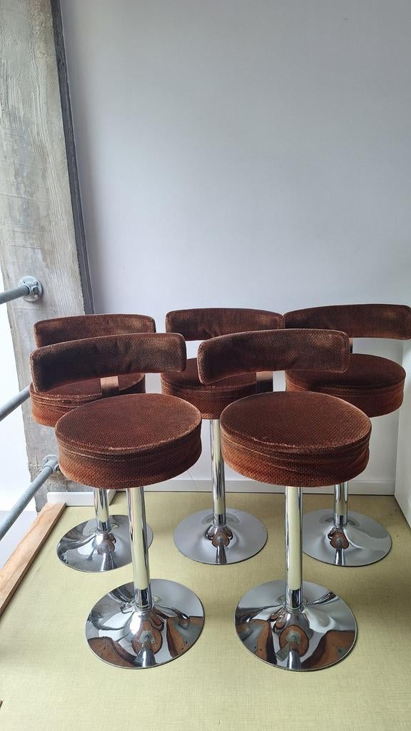 Barkrukken jaren 70, Huis en Inrichting, Barkrukken, Gebruikt, 30 tot 60 cm, Metaal, 5 krukken of meer, Draaibaar, Ophalen