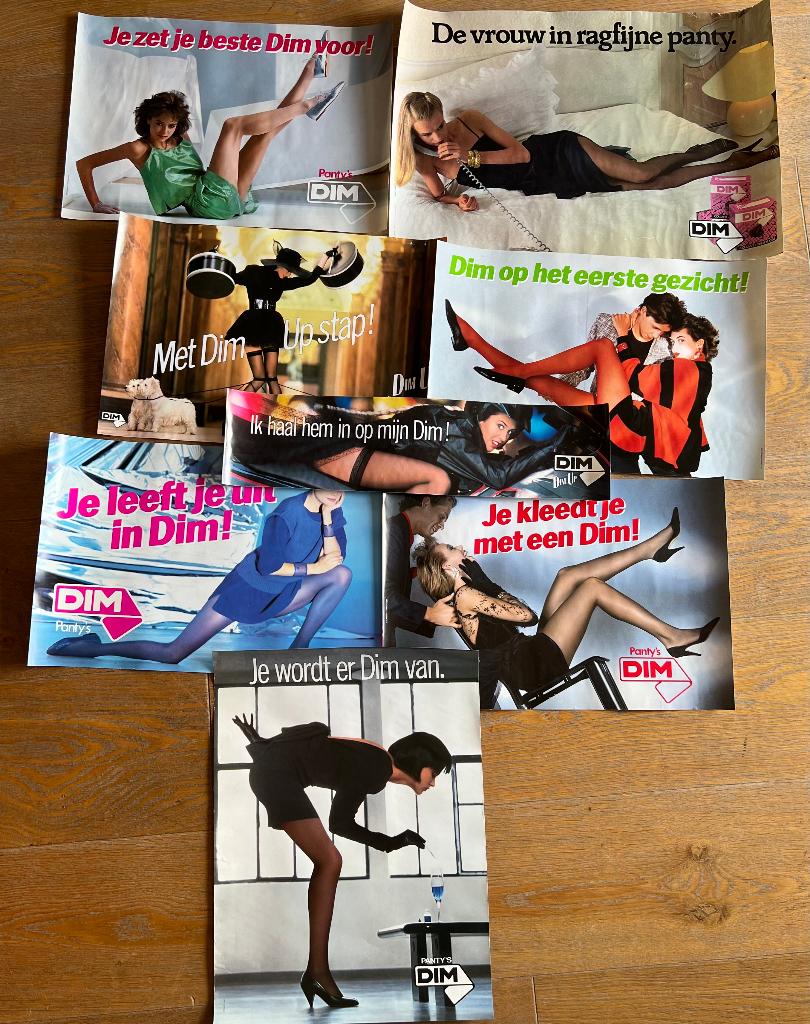 7 affichettes publicitaires Dim NL des années 80 90, Enlèvement, Utilisé, A1 jusqu'à A3, Publicité