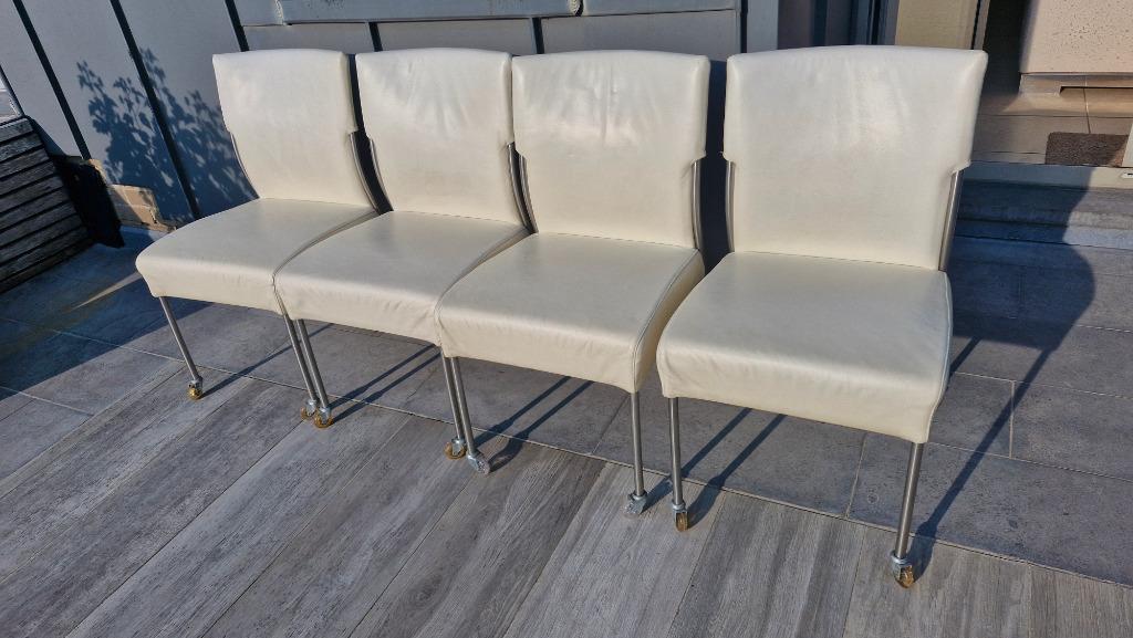 JOLI - 4 leren stoelen met afneembare hoezen op wielen -, Huis en Inrichting, Ophalen, Wit, Contemporain, Vier