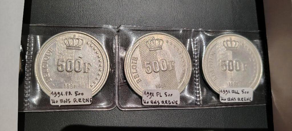 3 pièces 500 francs - 60e anniversaire du Roi Baudouin 1991, Timbres & Monnaies, Monnaies | Belgique, Monnaie en vrac, Argent