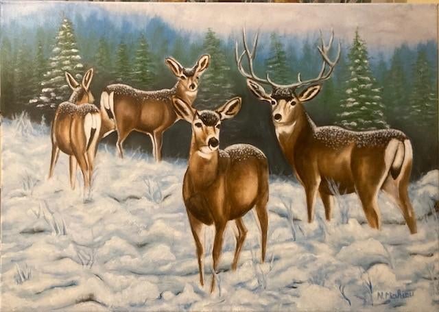 olieverfschilderij  Herten in de Winter, Antiquités & Art, Enlèvement