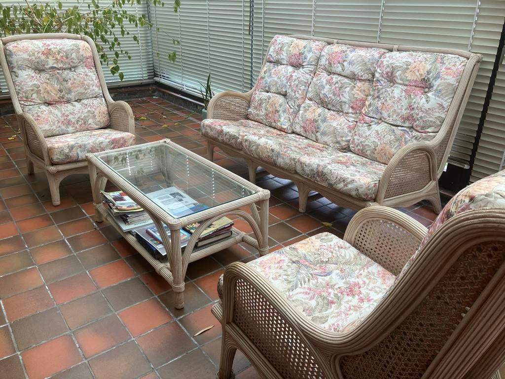 Salon en tafel + 4 stoelen ( zelfde stof), Ophalen, 5 zitplaatsen, Zo goed als nieuw, Tuinset
