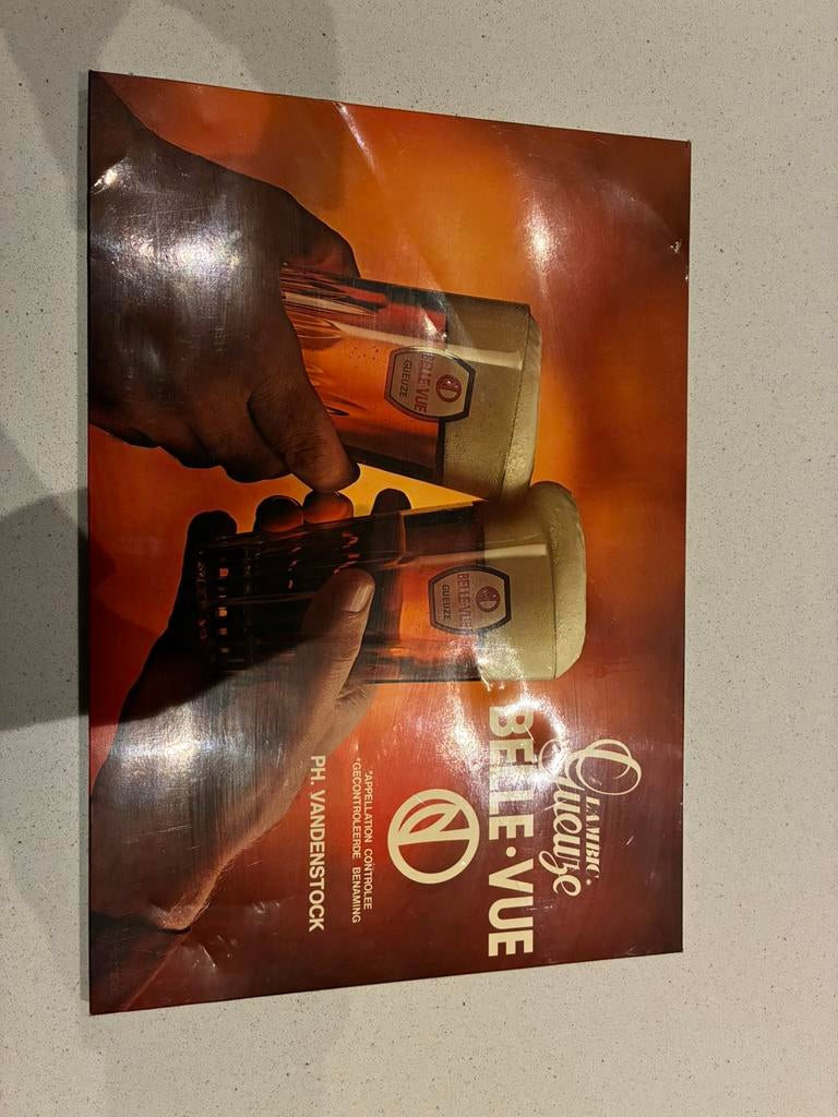 vintage reclamebord voor Belle-Vue Gueuze, 40x28x1,5cm, Ophalen, Gebruikt, Reclamebord