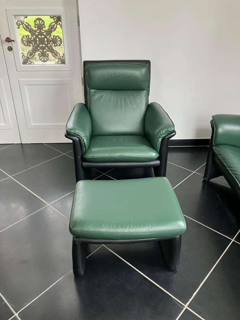 Lederen zetel 2-zit - 1 zit en voetenbankje, Ophalen, Gebruikt, Vintage, Tweepersoons