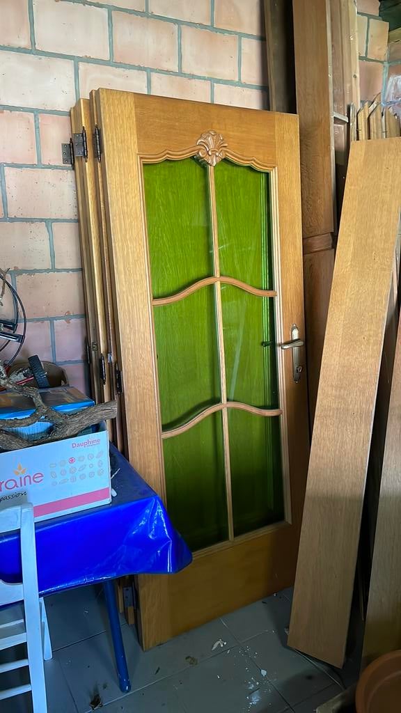 4X Deur met groen glas en 1 deur dicht, Ophalen, Zo goed als nieuw, Glas