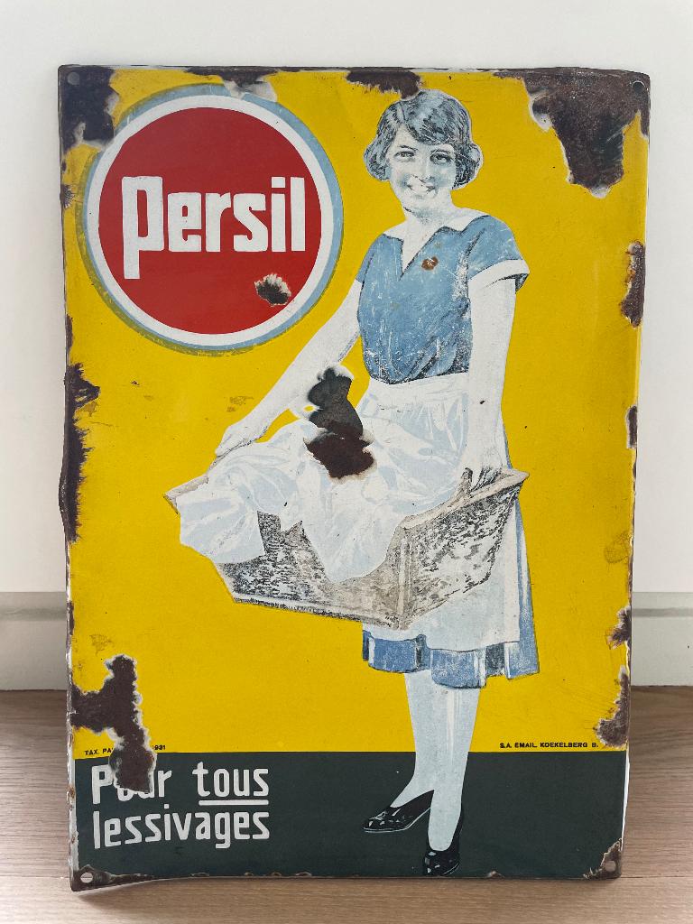 Emaille reclamebord Persil 1931, Verzamelen, Ophalen of Verzenden, Gebruikt, Reclamebord