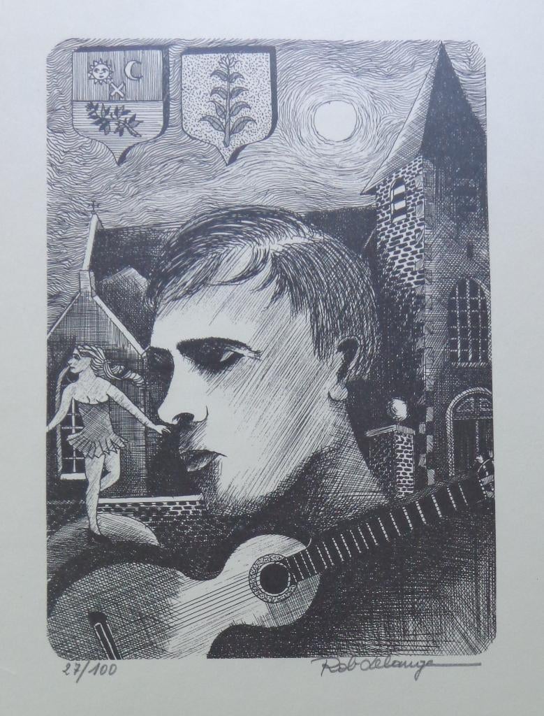 ROB DELANGE / JACQUES BREL / ZW-W LITHO / 46x38cm / KADER, Enlèvement ou Envoi