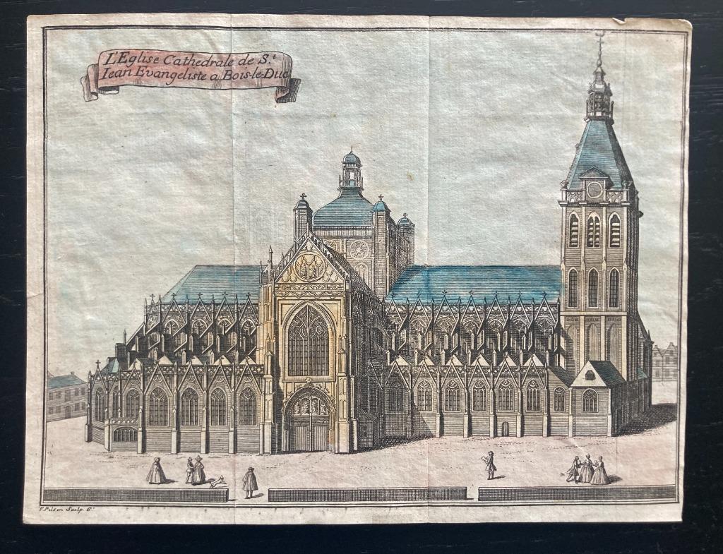 Originele gravure uit 1750 kathedraal van Den Bosch - Pilsen, Ophalen of Verzenden