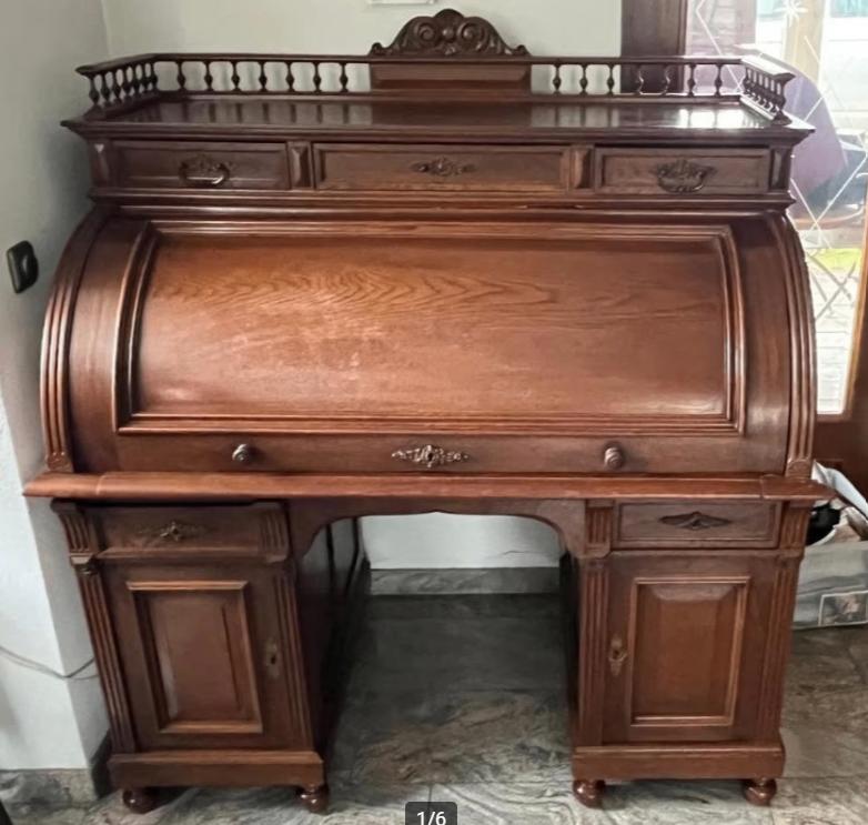 Antiek eiken bureau met schuifjes en een groen lederen inleg, Antiek en Kunst, Ophalen