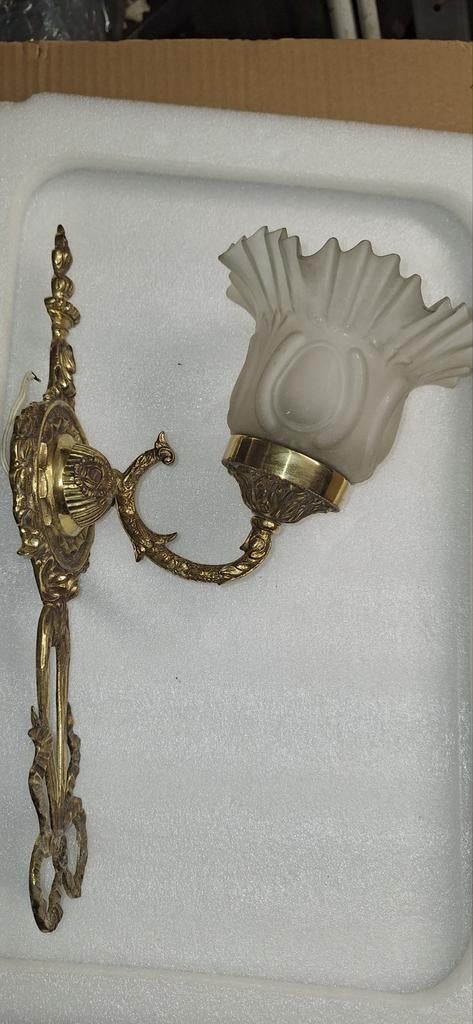 Antieke Franse Wandlamp – Brons/Messing met Glazen Tulpkap, Antiek en Kunst, Antiek | Verlichting, Verzenden