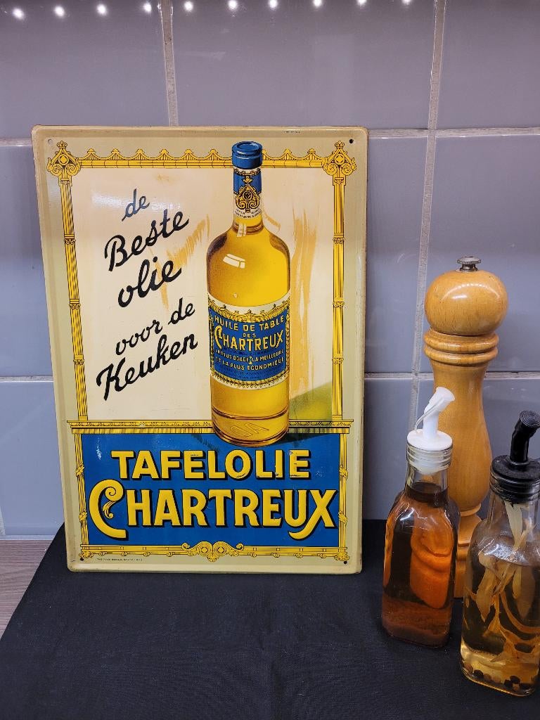 plaque publicitaire huile chartreux 1957/Tole lithographiee, Collections, Envoi, Utilisé, Panneau publicitaire