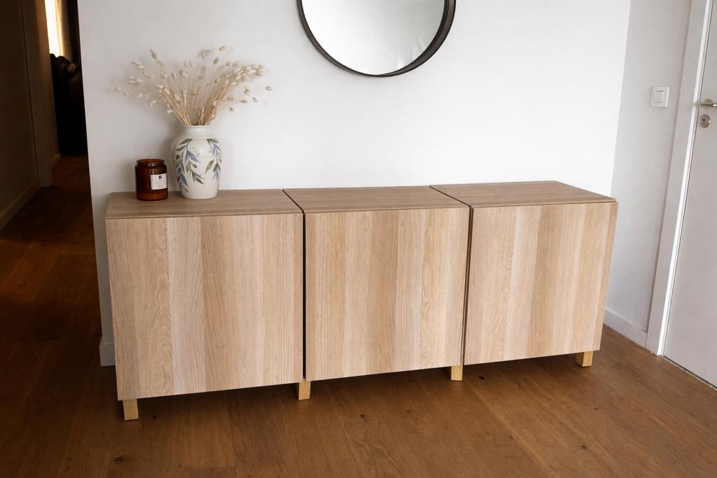 Modern dressoir / opbergkast – houtlook (3 modules), Huis en Inrichting, Kasten | Dressoirs, Ophalen, Zo goed als nieuw, Met deur(en)