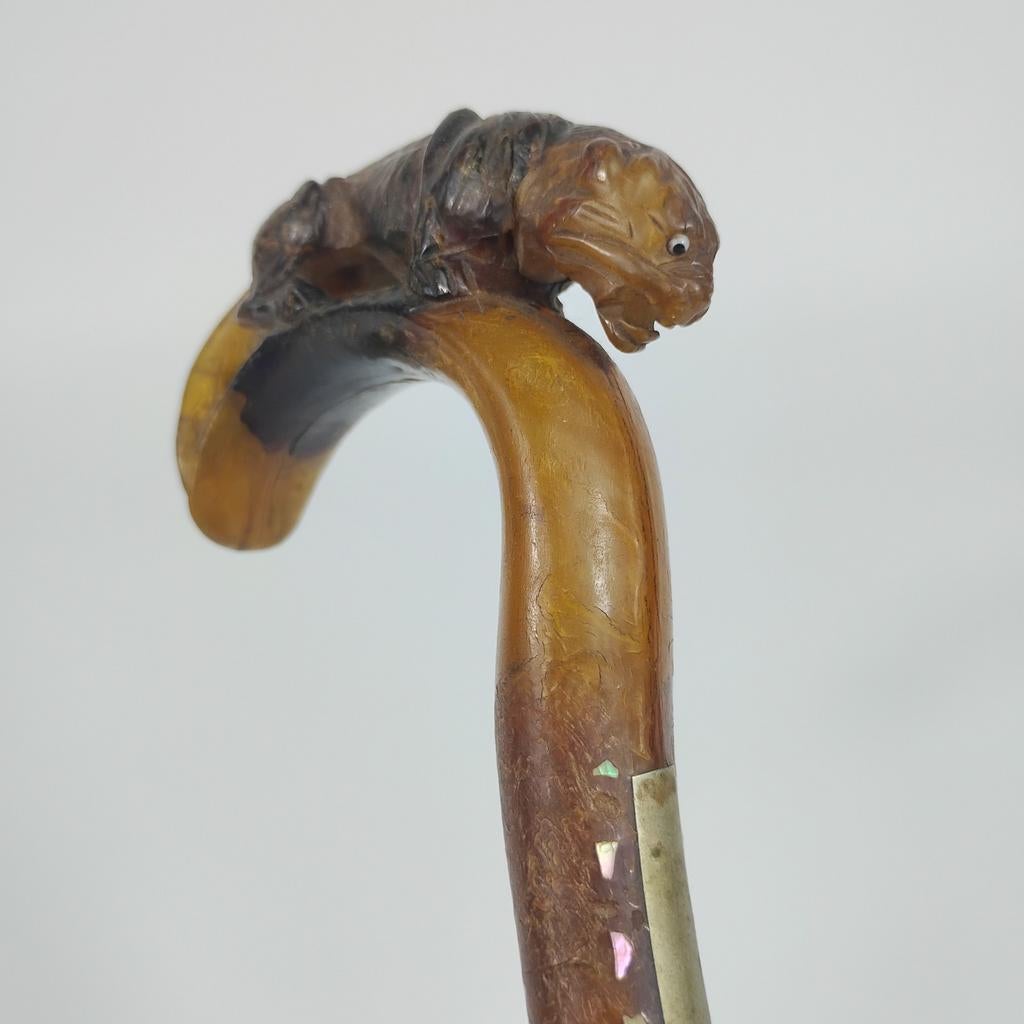 Grand Pommeau de canne "Fauve" 19 ème corne sculptée, Enlèvement ou Envoi, Ajustable, Utilisé