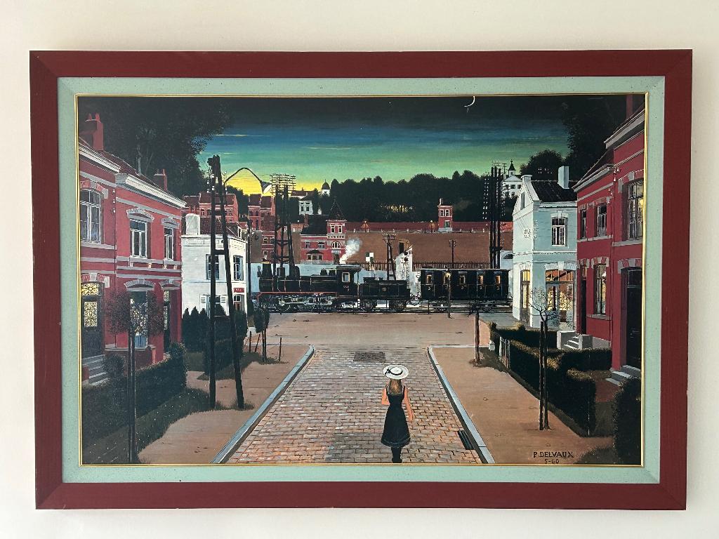 Grand tableau style Paul Delvaux – scène de train nocturne, Enlèvement