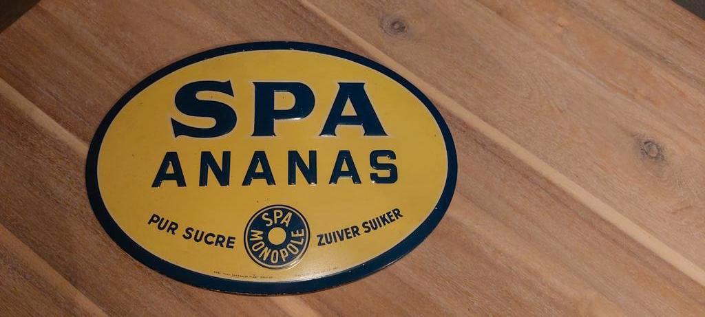 Assiette en fer blanc SPA PINEAPPLE en sucre pur 1950 Spa Mo, Collections, Marques & Objets publicitaires, Enlèvement ou Envoi