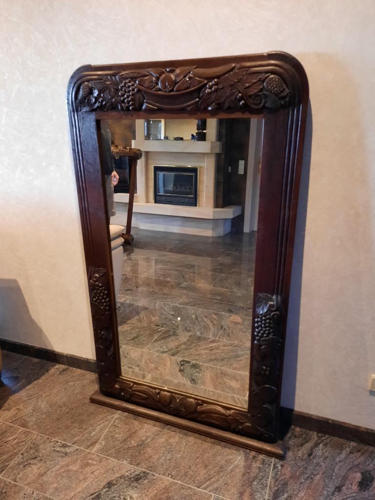 Houten(eik)  spiegel gesculpeerd met de hand, Huis en Inrichting, Ophalen, Gebruikt, 100 tot 150 cm, 75 tot 100 cm