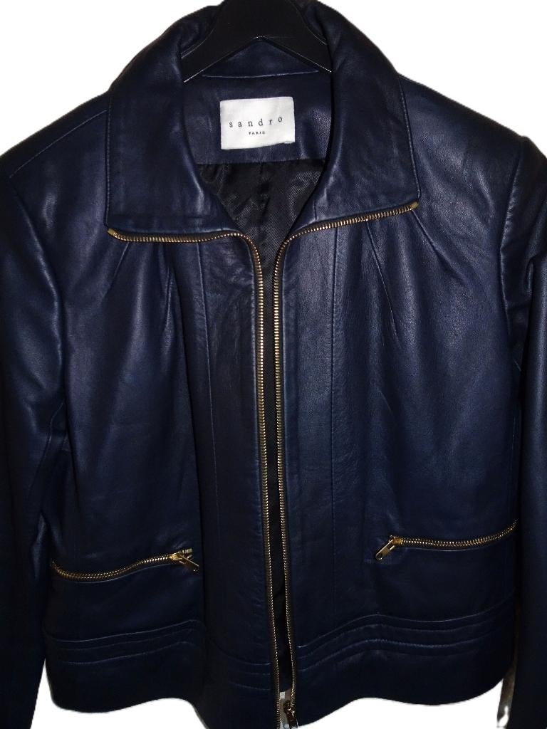 blouson cuir luxe SANDRO 38 comme neuf impeccable, Enlèvement, Comme neuf, Bleu