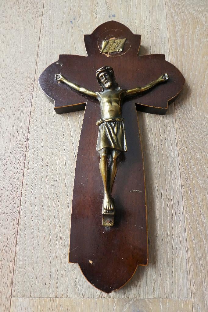 Très Ancien Crucifix en Bois et Bronze 34 cm x 19 cm, Antiquités & Art, Enlèvement