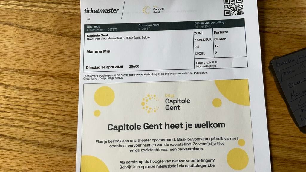 2 tickets Mama Mia Capitole Gent 14/04/26, Tickets en Kaartjes, Twee personen