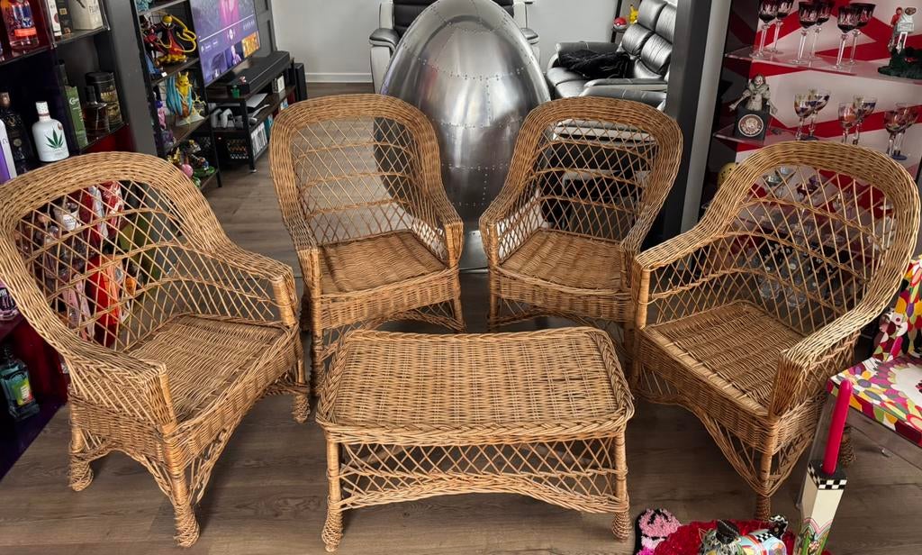 Ensemble de salon vintage en rotin 4 Fauteuils chaises table, Ophalen of Verzenden, Zo goed als nieuw, Eén