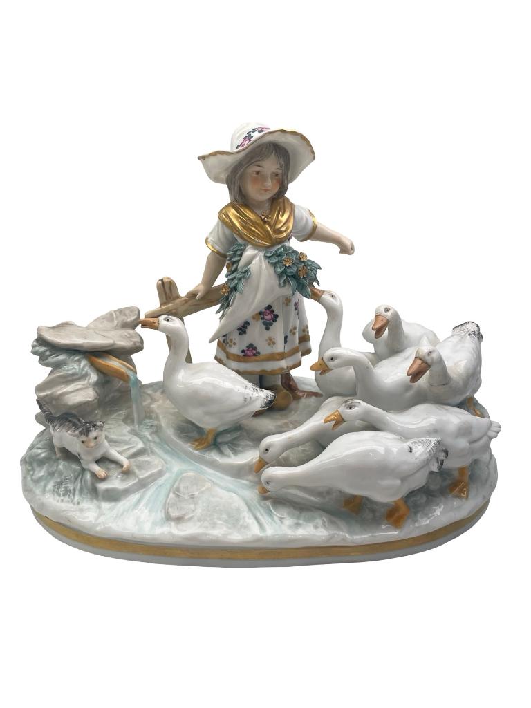 Duitse porseleingroep - Meisje met ganzen, Antiek en Kunst, Antiek | Porselein, Ophalen of Verzenden