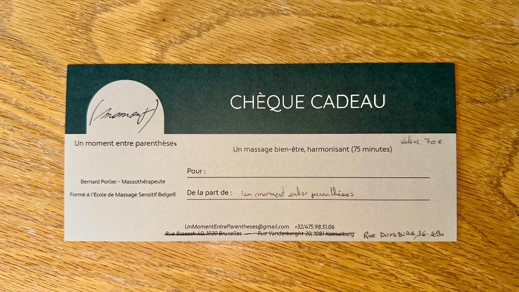 TROC Chèque MASSAGE 75' - Expérience sociale et caritative, Eén persoon, Cadeaubon, Overige typen