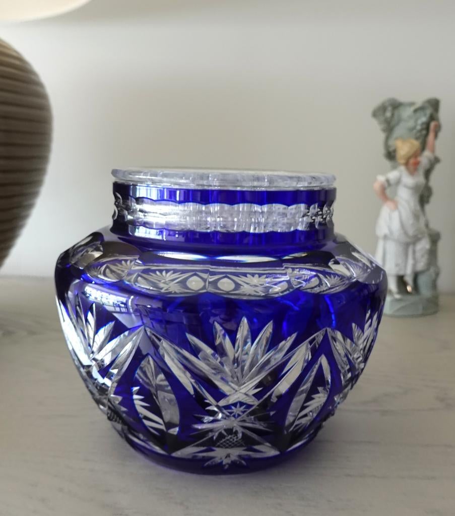 Ancien VASE VAL St LAMBERT  Bleu cobalt  avec Pique-Fleurs, Antiquités & Art, Enlèvement ou Envoi