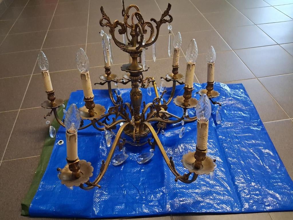 Massieve 9-armige kroonluchter., Huis en Inrichting, Lampen | Kroonluchters, Ophalen, Gebruikt, Metaal, Klassiek