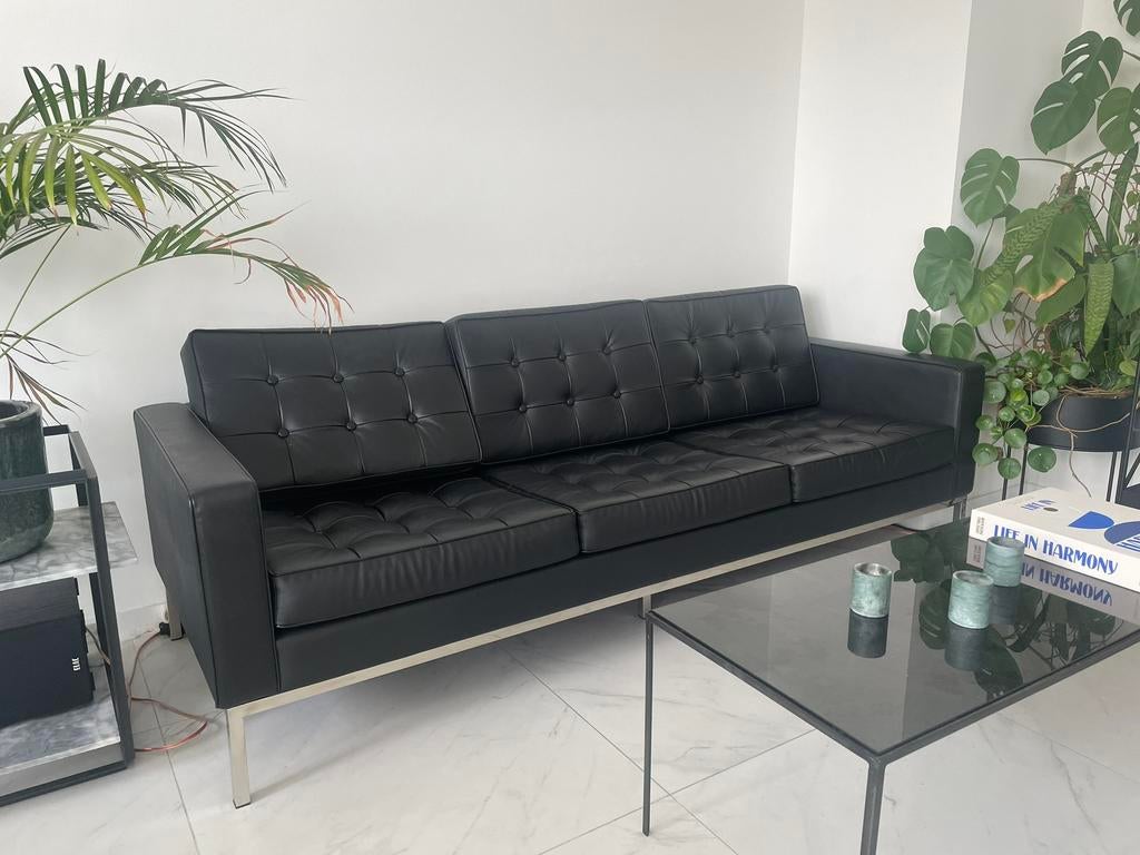 Zwarte lederen sofa, 200 à 250 cm, Midcentury modern, Banc droit, Comme neuf