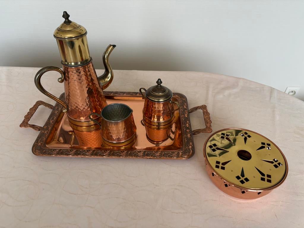 Vintage koper koffieset met warmhouder, Huis en Inrichting, Ophalen, Overige materialen, Gebruikt, Overige typen