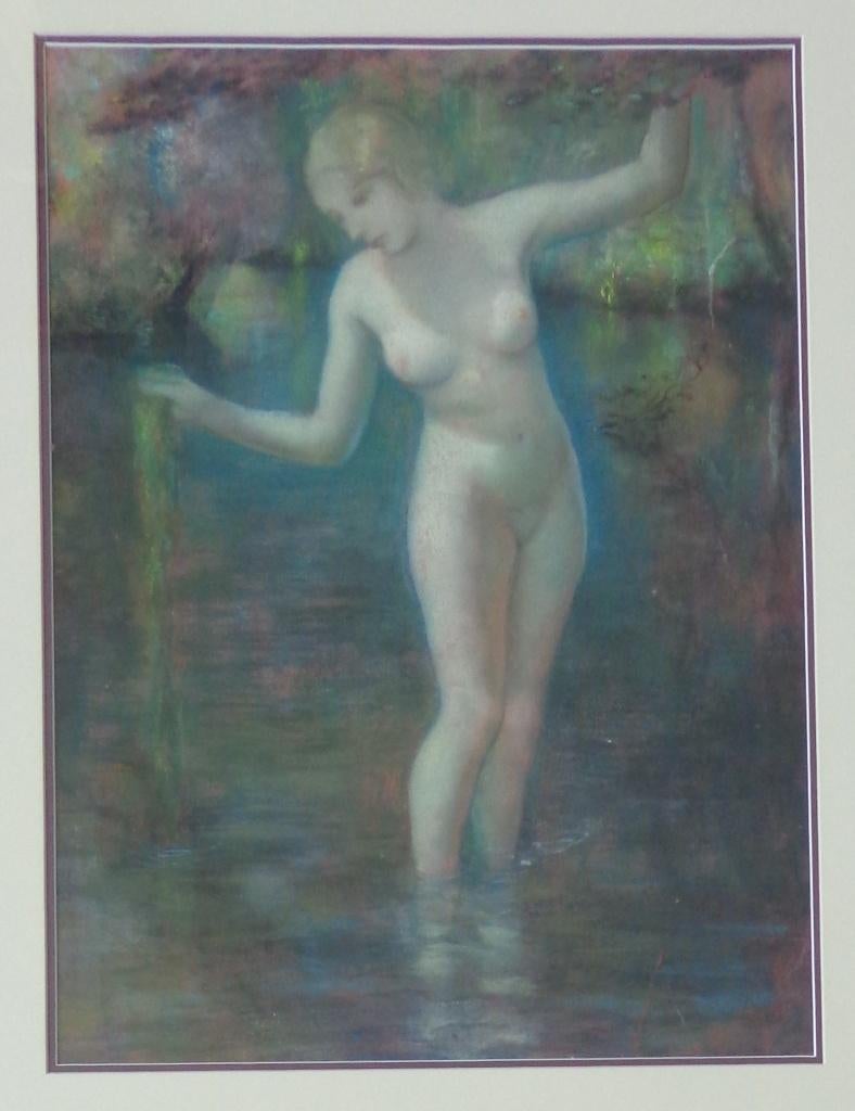 ONBEKEND / BADENDE NAAKTE VROUW / ORIGINEEL / 84x68cm KADER, Antiquités & Art, Enlèvement