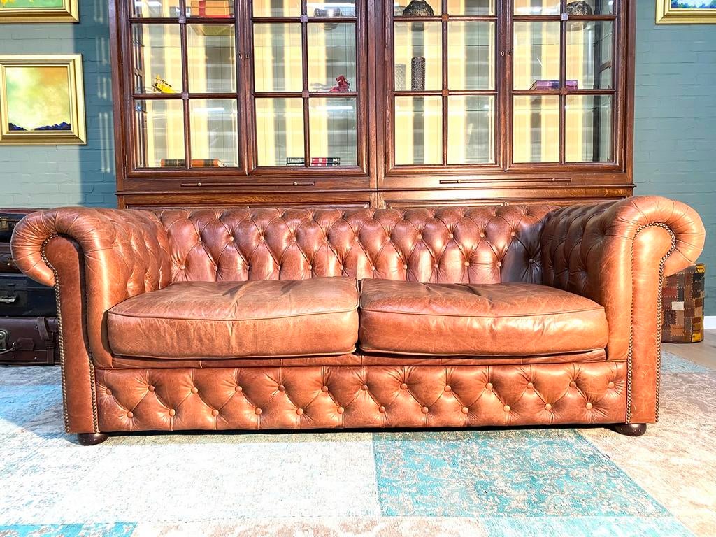 Stoere Chesterfield zetel vintage cognac GRATIS GELEVERD, Ophalen of Verzenden, Zo goed als nieuw, Leer