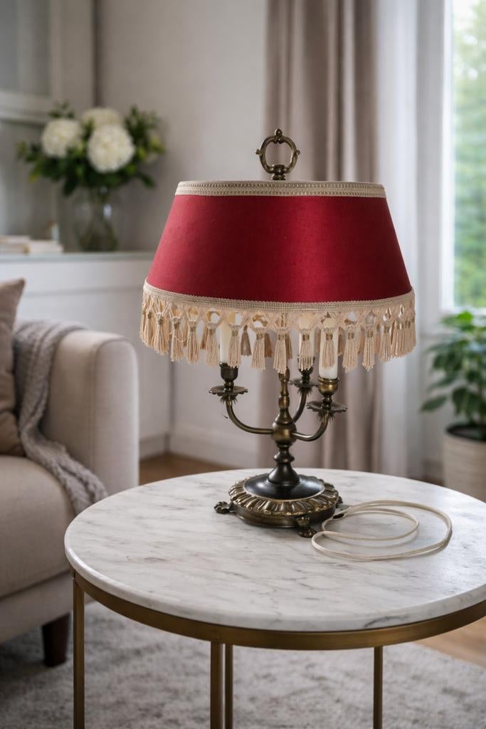 Antieke tafellamp messing bordeaux kap franjes, Ophalen