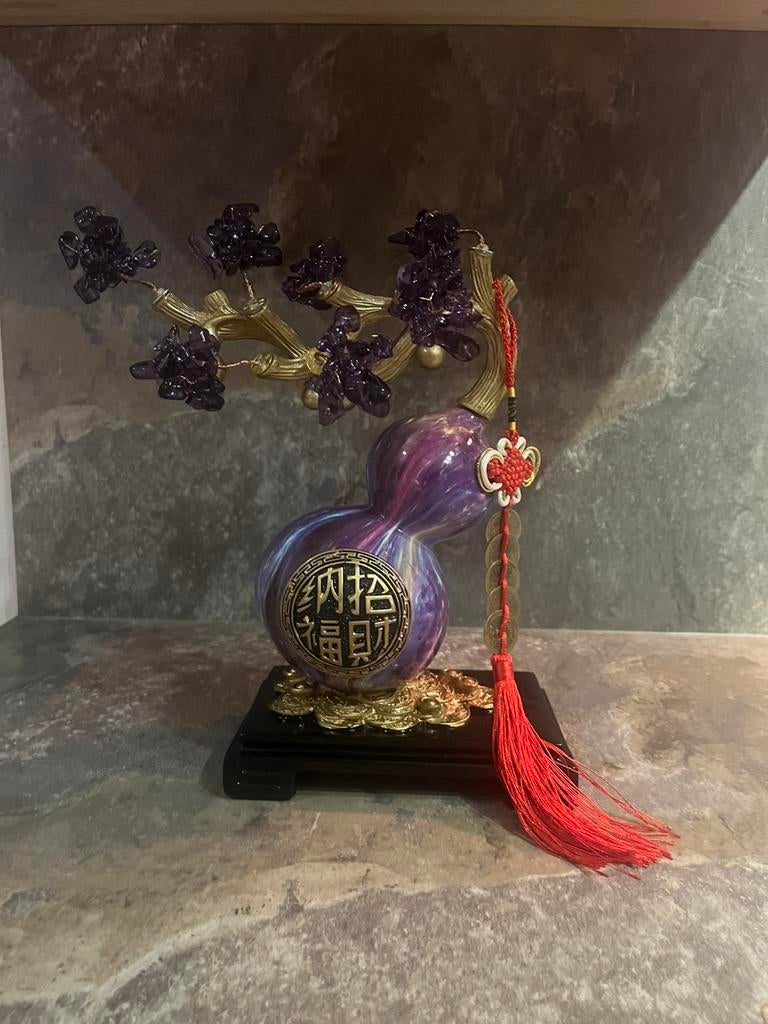 feng shui “Wu Lou” (kalebas) met geldboom van amethist, Verzamelen, Beelden en Beeldjes, Nieuw, Ophalen