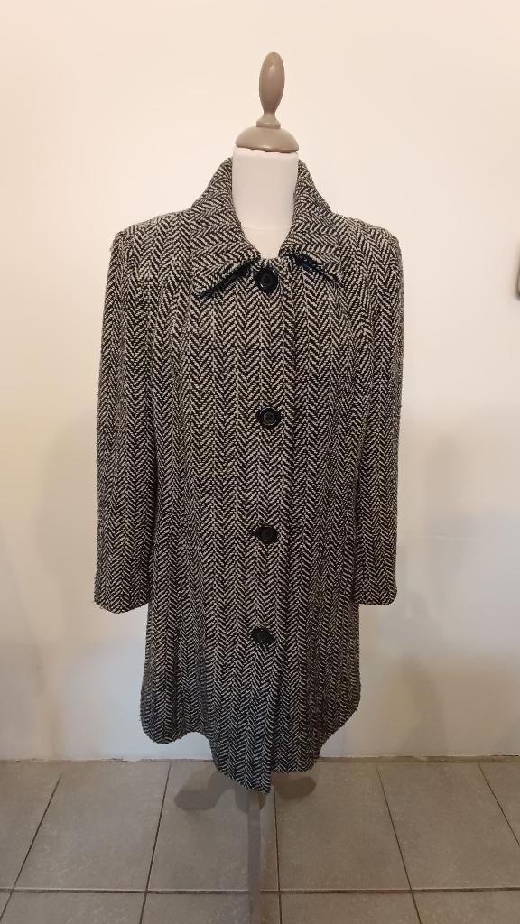Mantel van wit/zwarte wolmix tot halverwege de dij,Maat L🤩, Kleding | Dames, Jassen | Winter, Zo goed als nieuw, Maat 42/44 (L)
