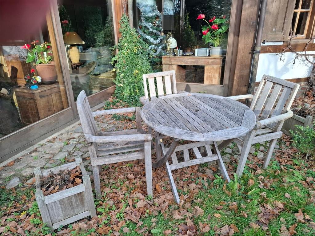 Teak tafels en stoelen, Tuin en Terras, Ophalen, Gebruikt