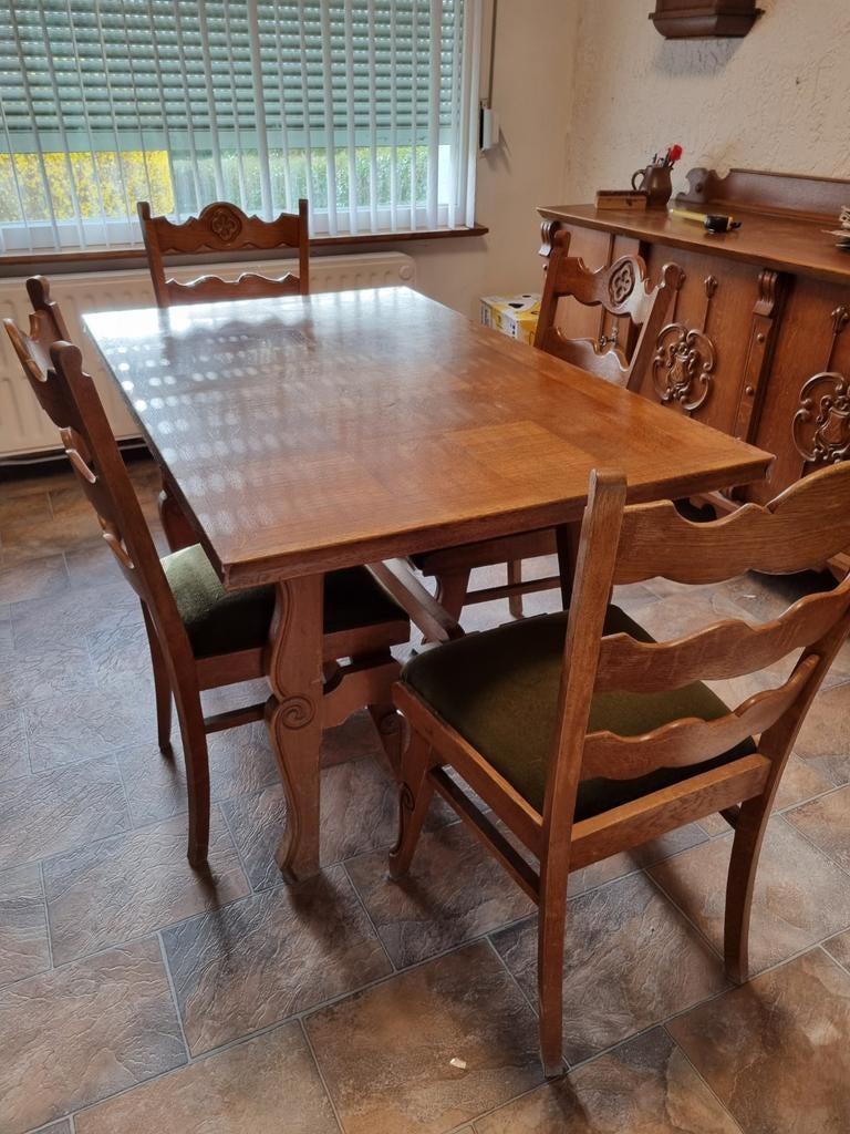Eetkamertafel met eikenhouten extong met 6 stoelen, Huis en Inrichting, Ophalen, Gebruikt, Ancien, 4 tot 6 stoelen