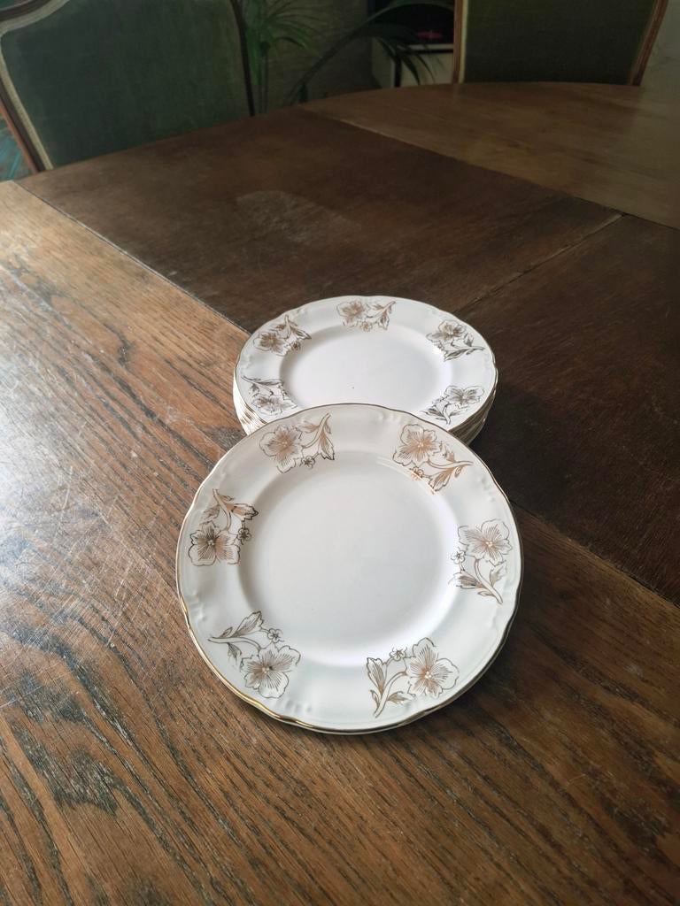 Vintage ontbijtborden Boch gouden bloemen - set van 6, Ophalen of Verzenden