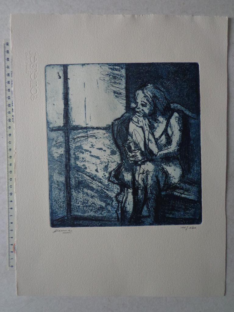 ets van Marc Kennes "Peinzende zittende vrouw", 2000 tot heden, Origineel, Ets, Portret